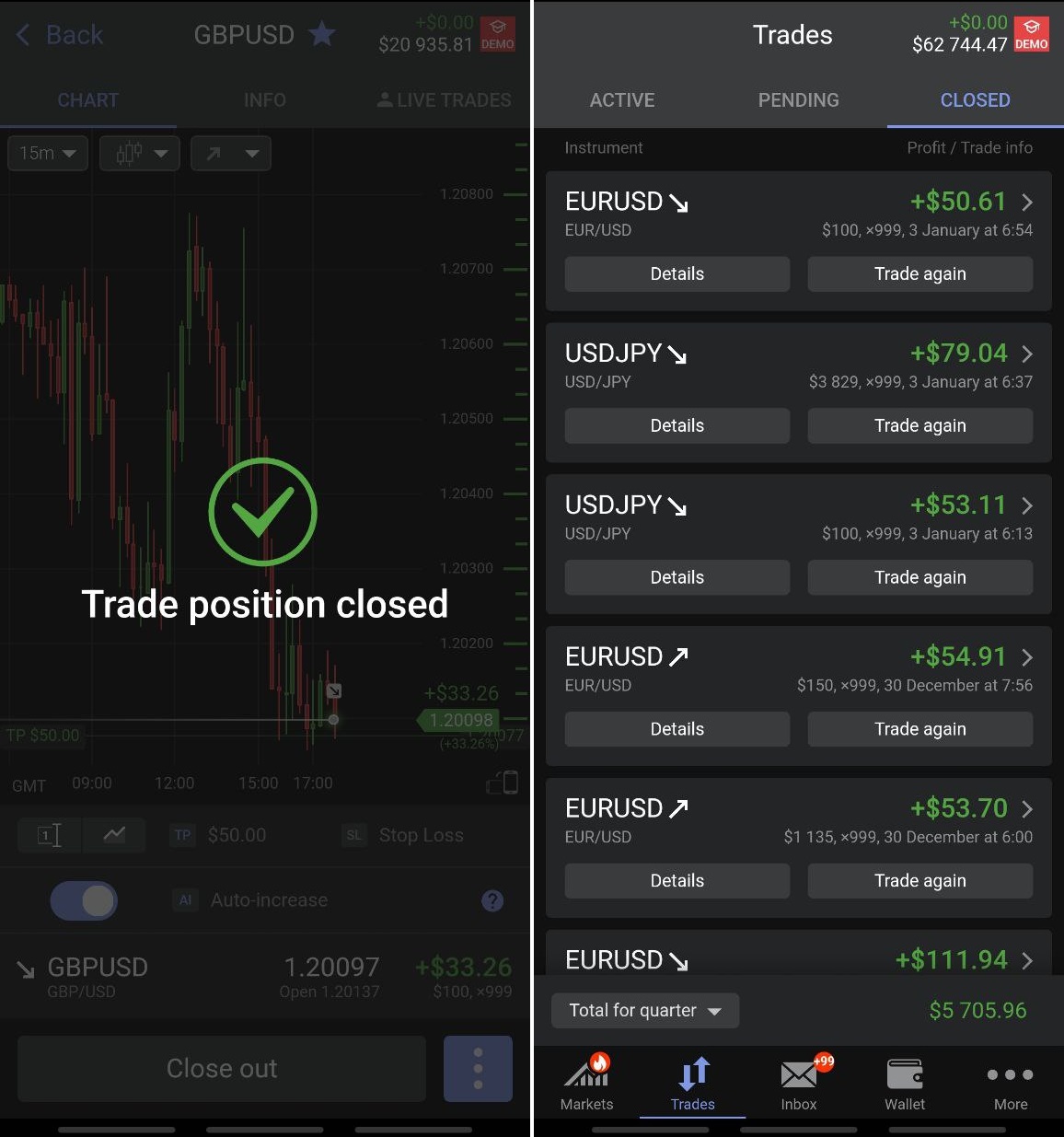 Ejemplo de operaciones cerradas (versión móvil de la plataforma Libertex)