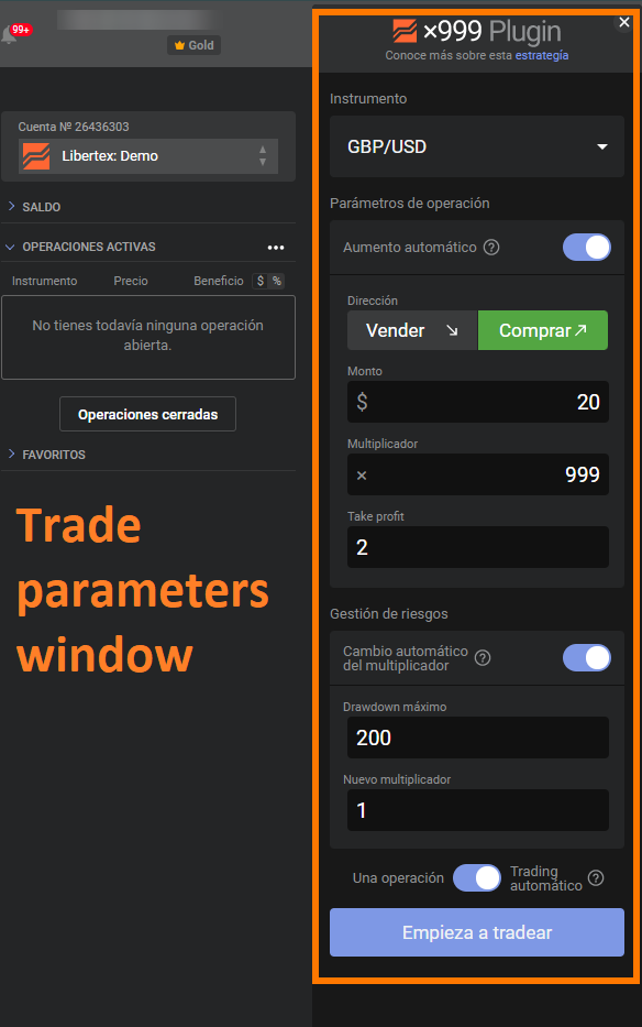Trade parameters window