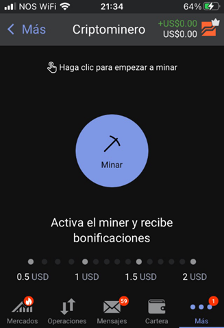 Figura 2: Criptominero desde la APP de Libertex