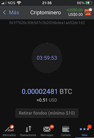 Figura 4: minando bitcoin en el criptominero