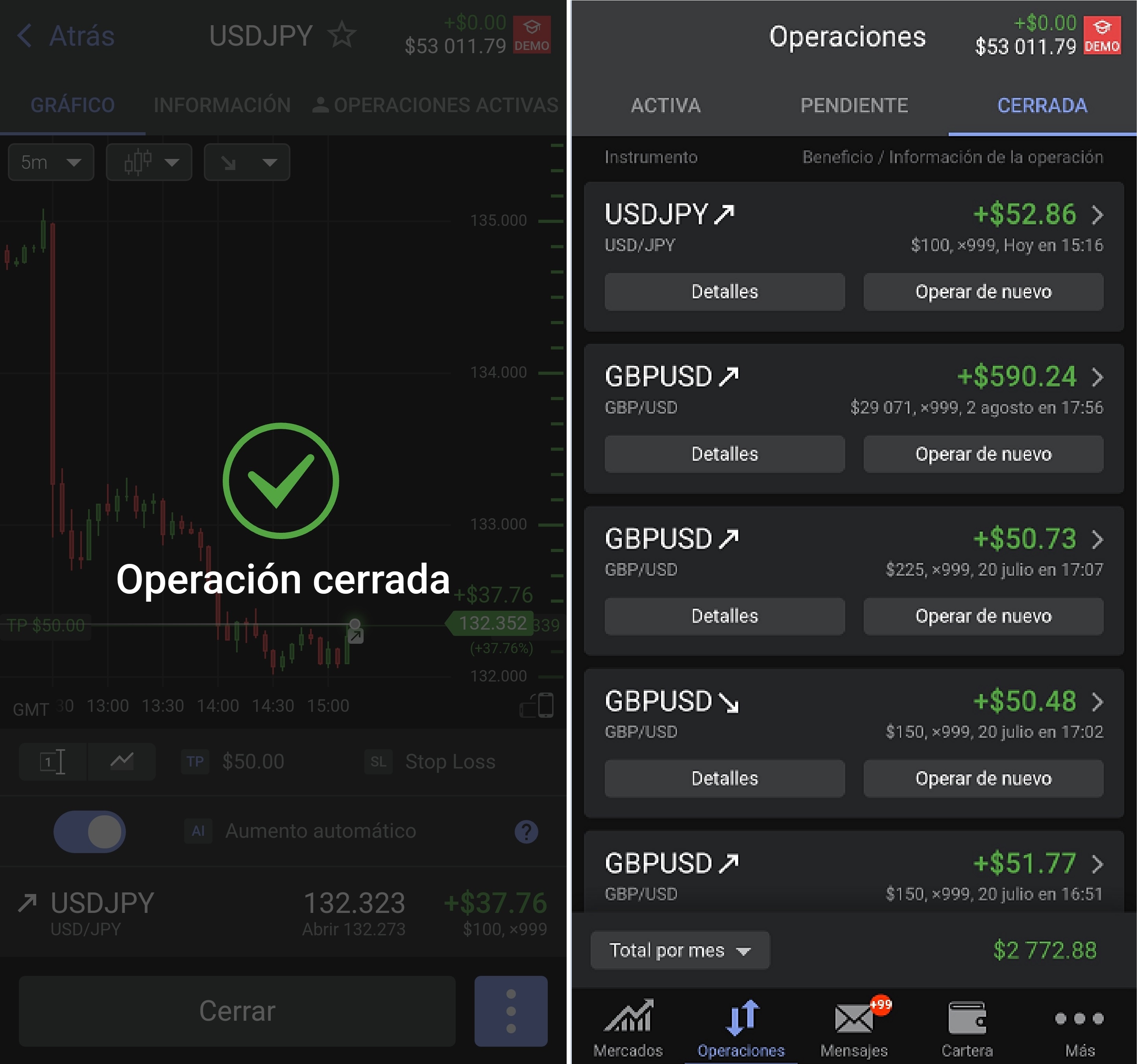 Ejemplo de operaciones cerradas (versión móvil de la plataforma Libertex) 