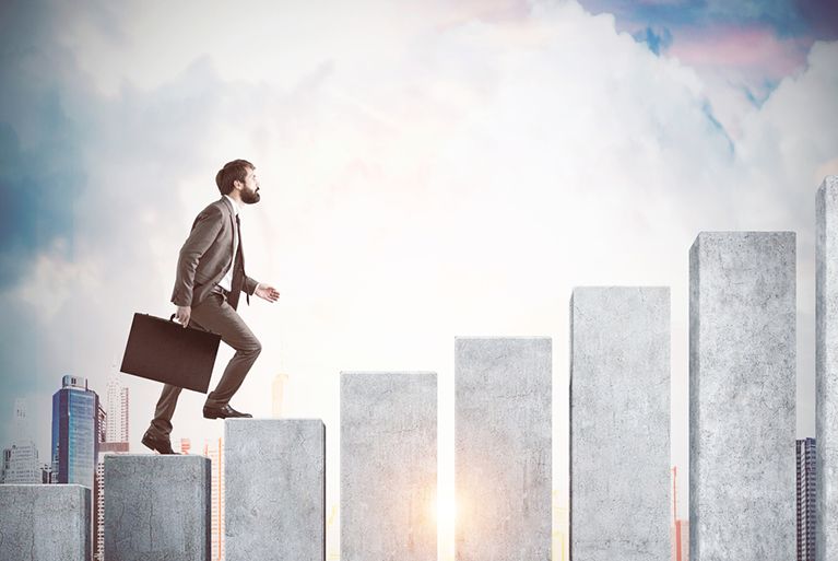 Man climbs up the stairs