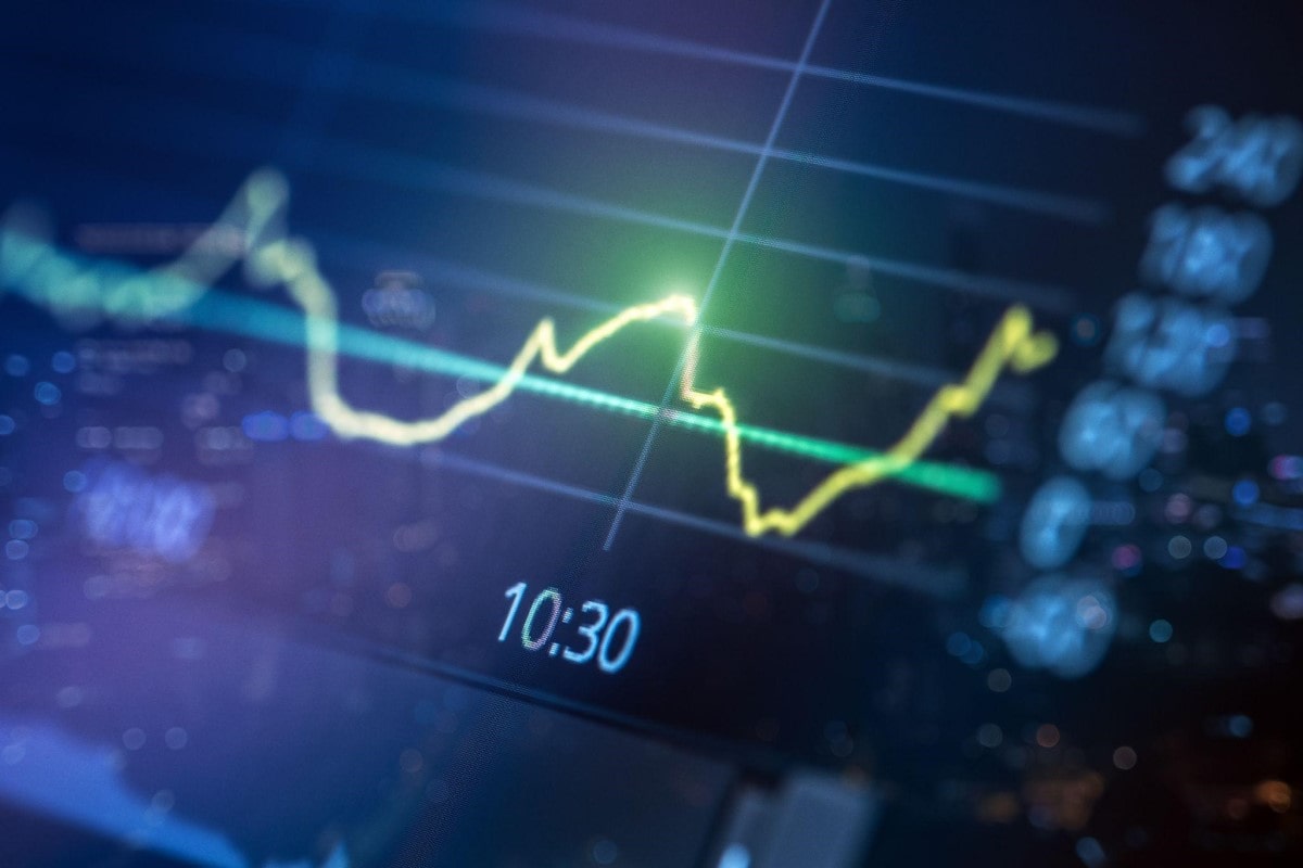 Gráfica de triángulo ascendente en trading proyectado en una pantalla.